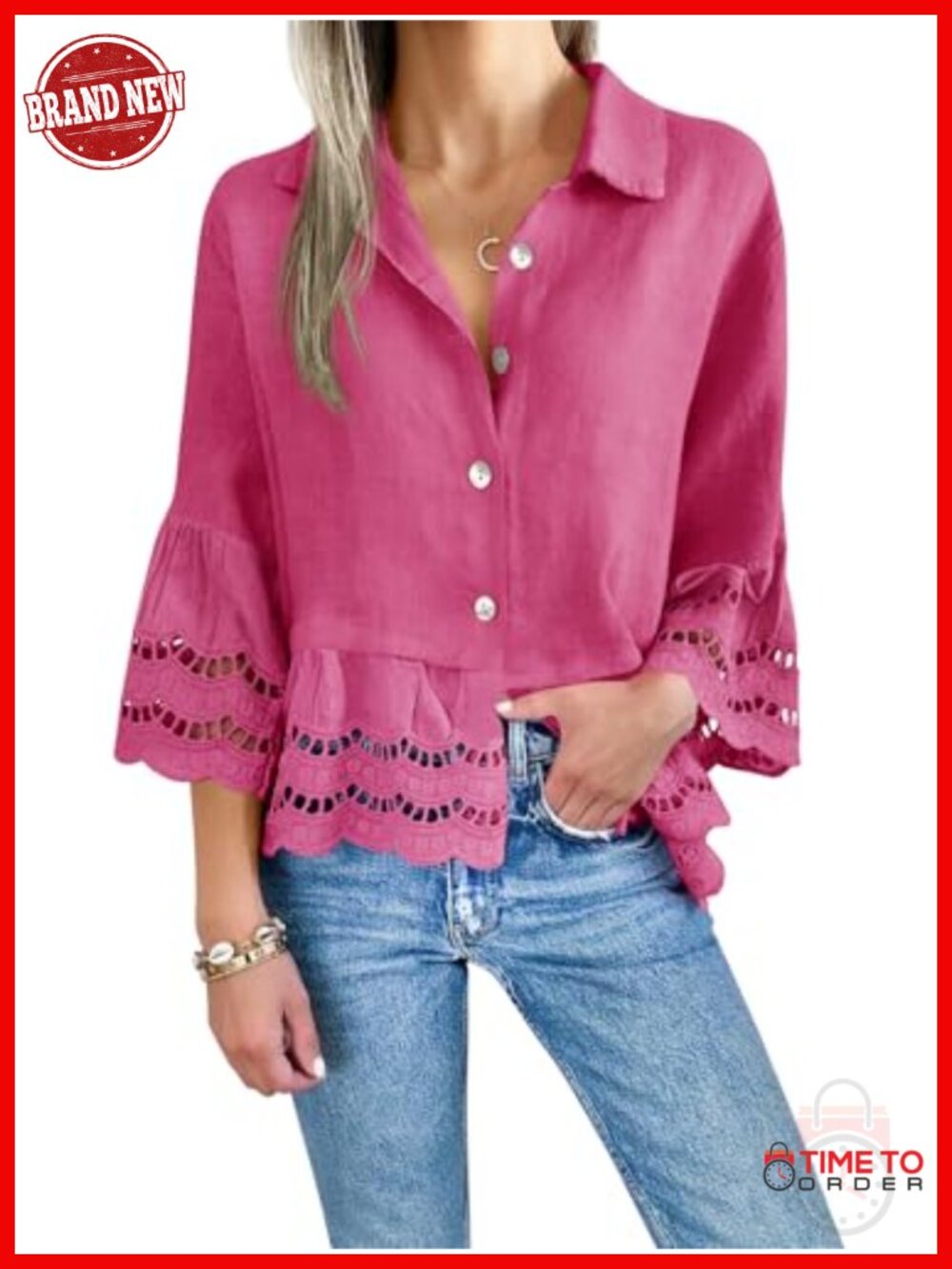 3/4 Bell Sleeve Button Down Blouse - Ruffle Hem Eyelet Top